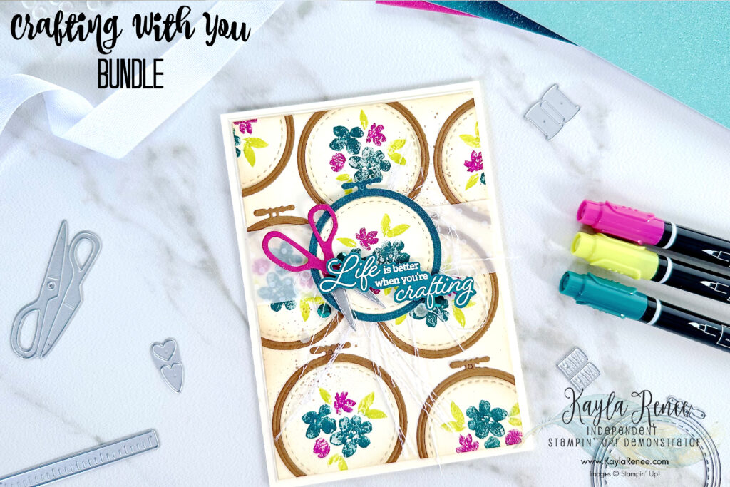 Handmade card featuring the Crafting With You bundle featuring embroidery hoop design featuring repetitive stamping using the Stampin' Write Marker stamping technique which I have featured in my blog post today using the Crafting With You Bundle from Stampin’ Up!  