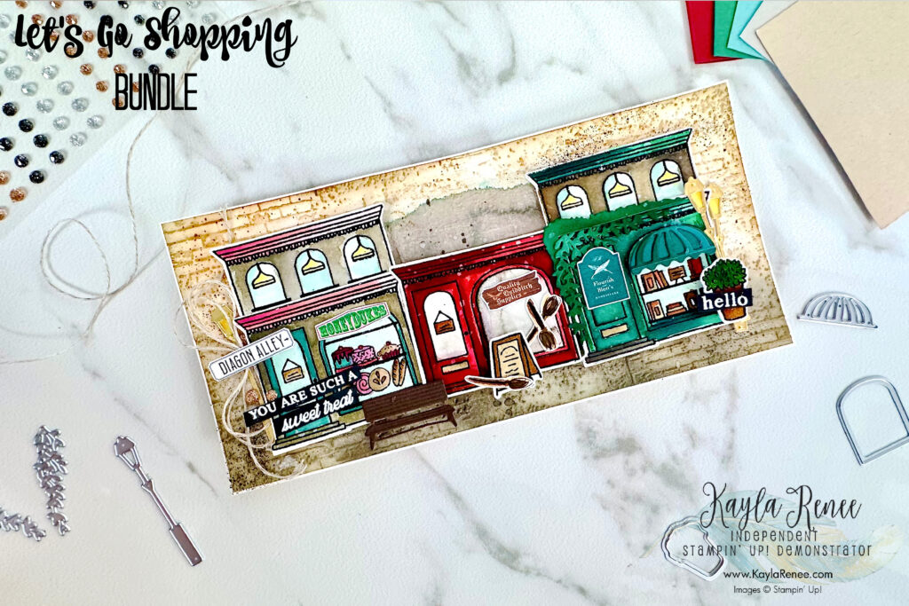 A little close up look at Diagon Alley's  created with the Stampin’ Up! Let's Go Shopping Bundle with a slimline card. Slimline card templates provided.