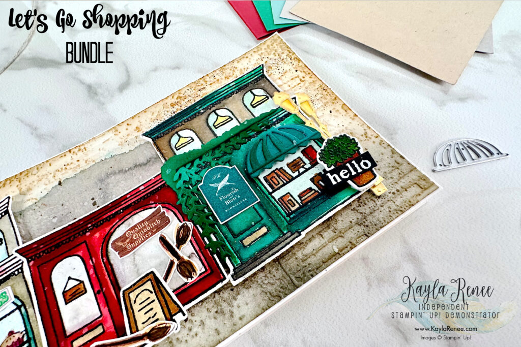 A little close up look at Diagon Alley's own Flourish and Blott's store in its watercolored glory. created with the Stampin’ Up! Let's Go Shopping Bundle with a slimline card. Slimline card templates provided.