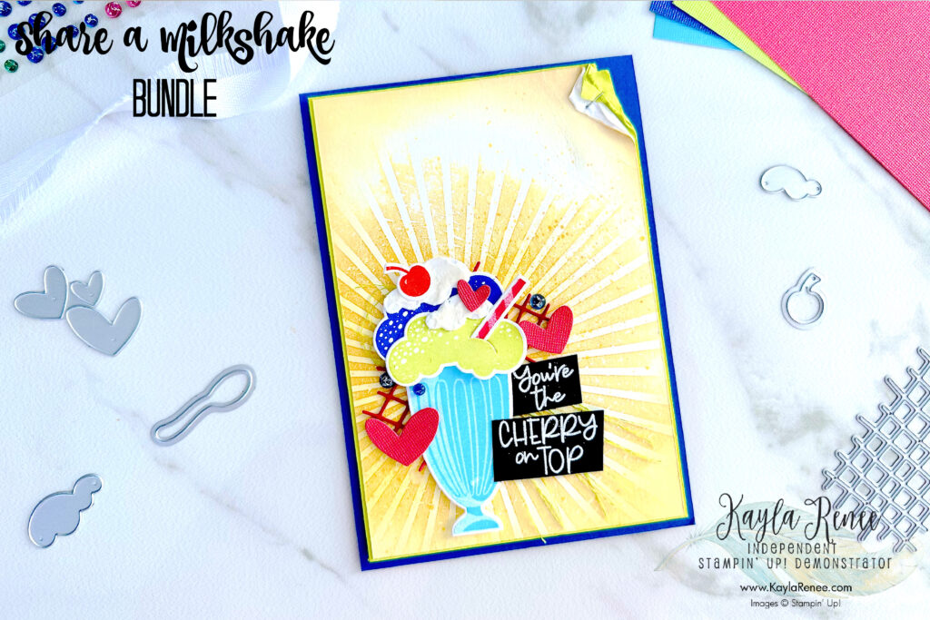 A handmade card using Stampin’ Up! Share a Milkshake Bundle and Ray of Light background stamp showing a fun technique for a faded out look with background stamps and blending brushes