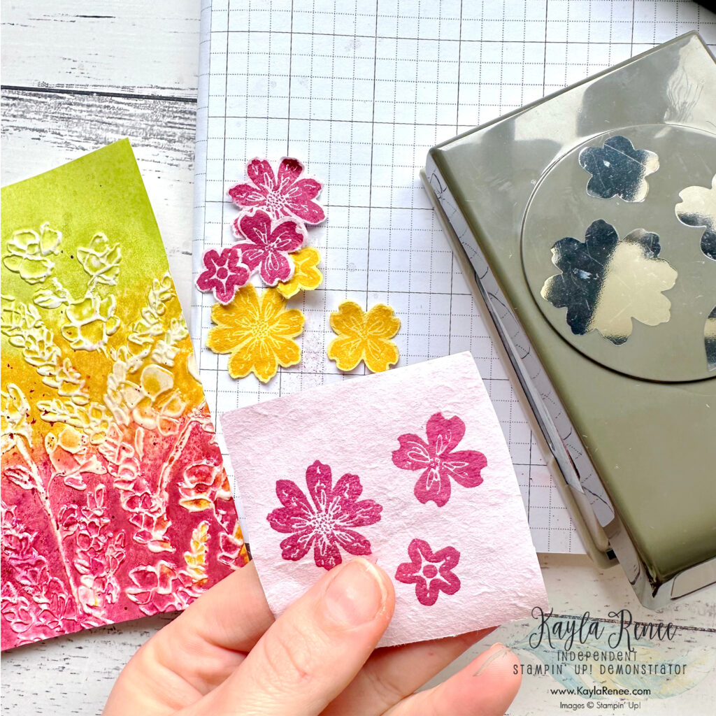 Look at the flowers stamped and punched using the Petal Park bundle using a fun technique to create faux suede paper