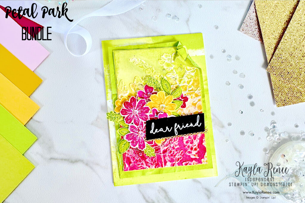 A handmade card featuring Stampin’ Up! Petal Park bundle and Sentimental Park stamp set with the Painted Posies 3D embossing folder featuring some fun embossing folder techniques which I have shown on the blog post. Learn some great ideas. 