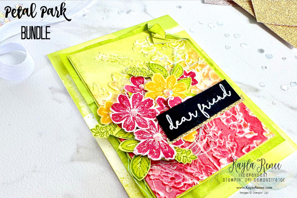 Close up of A handmade card featuring Stampin’ Up! Petal Park bundle and Sentimental Park stamp set with the Painted Posies 3D embossing folder featuring some fun embossing folder techniques which I have shown on the blog post. Learn some great ideas. 
