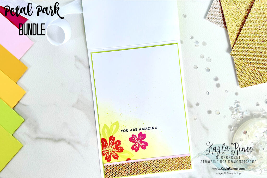 Look at the inside of A handmade card featuring Stampin’ Up! Petal Park bundle and Sentimental Park stamp set with the Painted Posies 3D embossing folder featuring some fun embossing folder techniques which I have shown on the blog post. Learn some great ideas. 