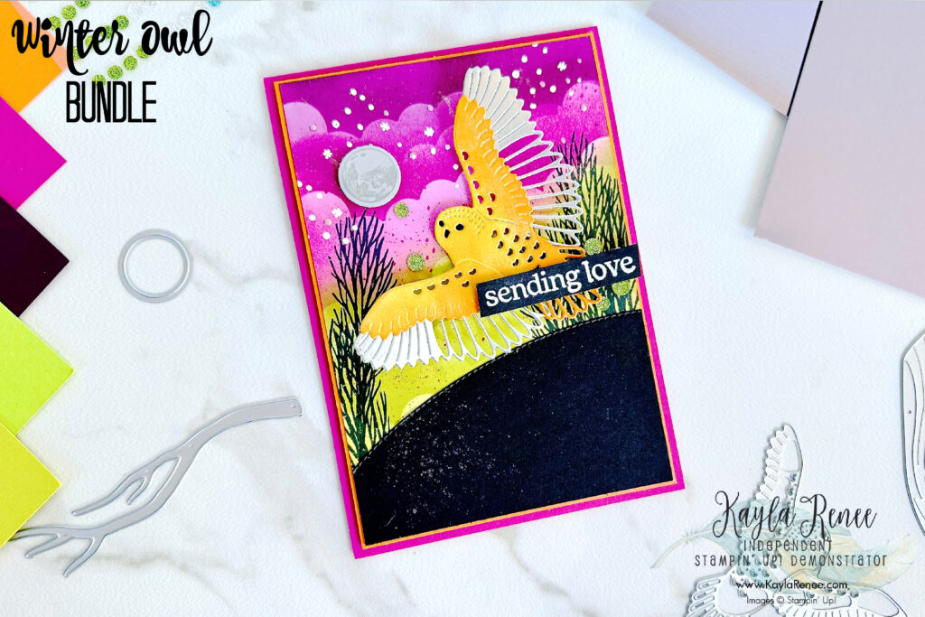 Handmade card using Stampin’ Up! Winter Owls bundle and Basic Borders Dies create a fun blended cloud background for a fun halloween theme inspired by the Hocus Movie. Using Blending Brushes and one of the border dies to create a fun cloud themed background with some spooky colours for the #FABInstaHop