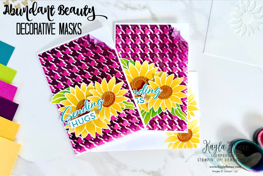 A simple stamping note card featuring the Stampin’ Up! Abundant Beauty Decorative Masks featuring sunflowers and masking techniques to create this gorgeous notecard