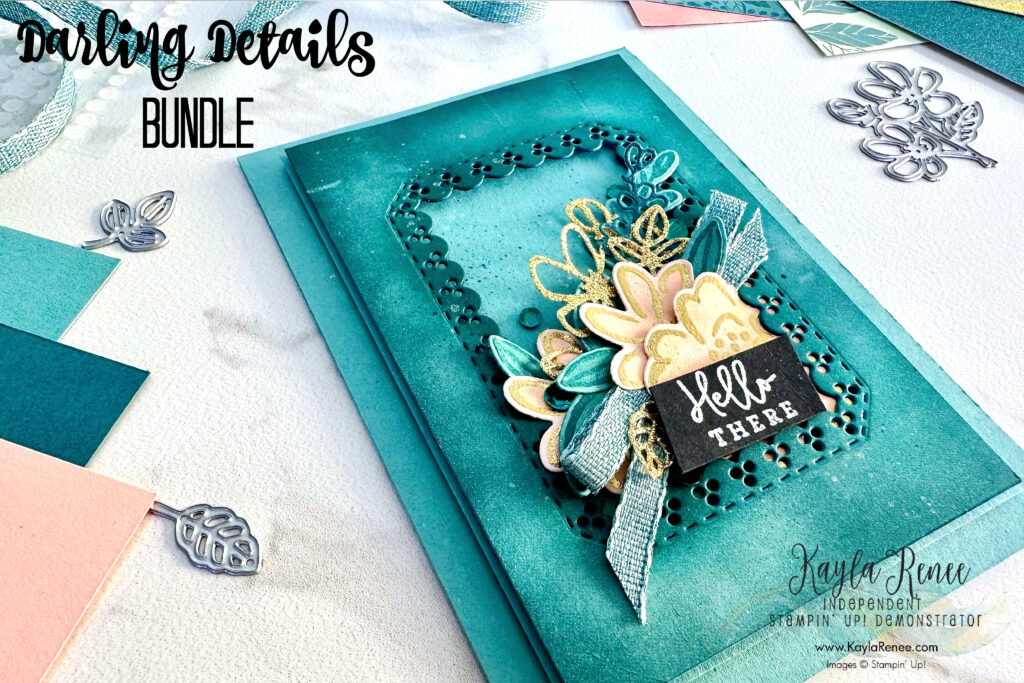 Close up of a Handmade card featuring the Stampin’ Up! Darling Details bundle and creating die cut frames with the coordinating dies.  Using the #GDP417 challenge as inspiration for the colour combination. See the blog post for tips on using die cut frames on your card making projects.