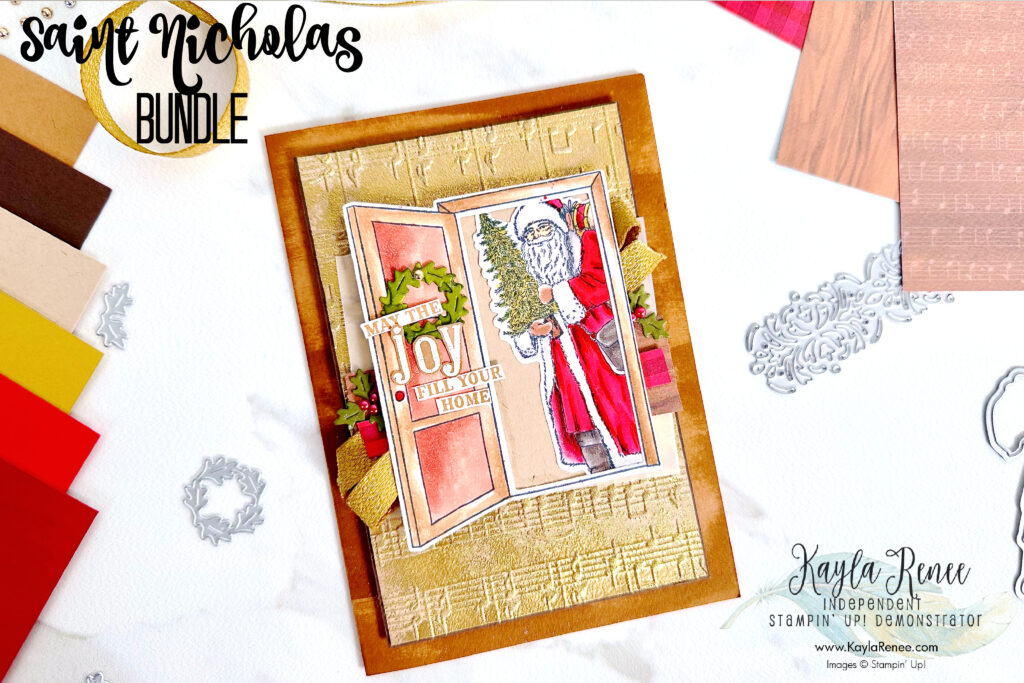 Handmade card featuring the Stampin’ Up! Saint Nicholas Bundle and Warm Welcome stamp set using a double embossed technique to create this beautiful Christmas Card for the #FabInstaHop
