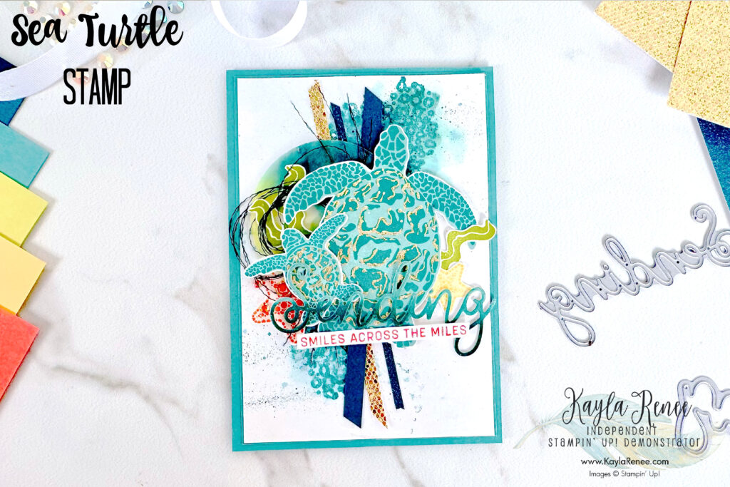 Handmade card using Stampin’ Up! Sea Turtles Stamp and Sending Smiles stamps and dies to create this fun card using Gilded Leafing to create a golden shine. See tips on how to create this card and use Gilded Leafing. Created for the #GDP418 sketch challenge