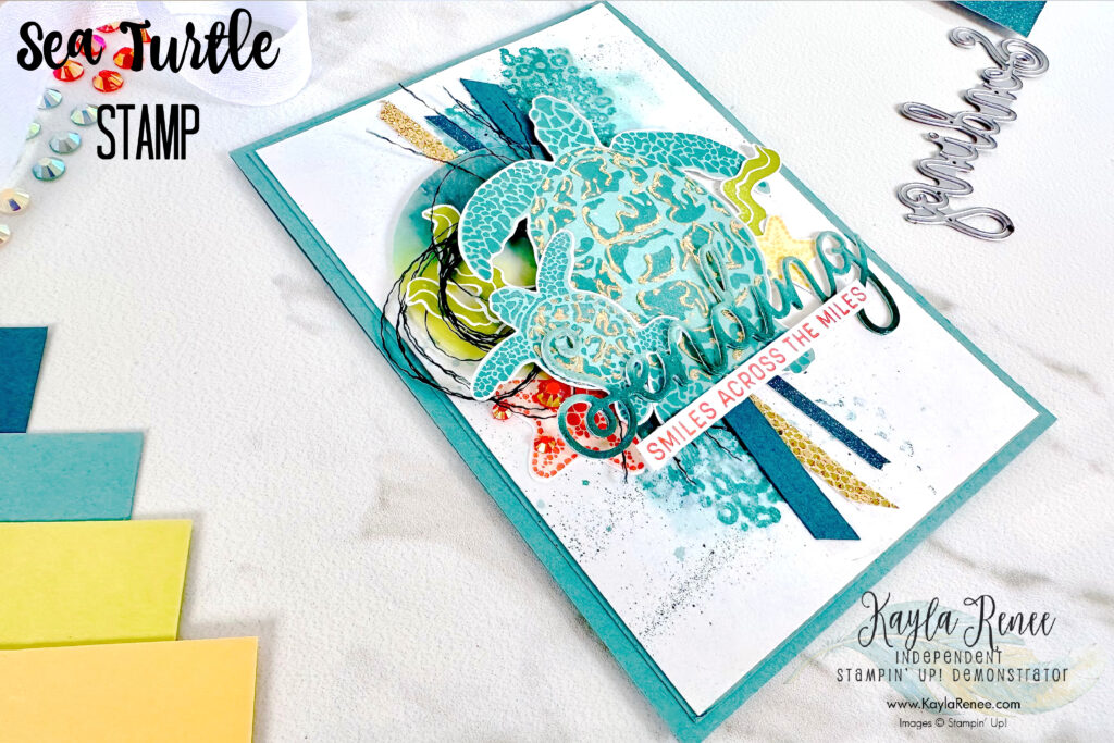 Close up of my Handmade card using Stampin’ Up! Sea Turtles Stamp and Sending Smiles stamps and dies to create this fun card using Gilded Leafing to create a golden shine. See tips on how to create this card and use Gilded Leafing. Created for the #GDP418 sketch challenge