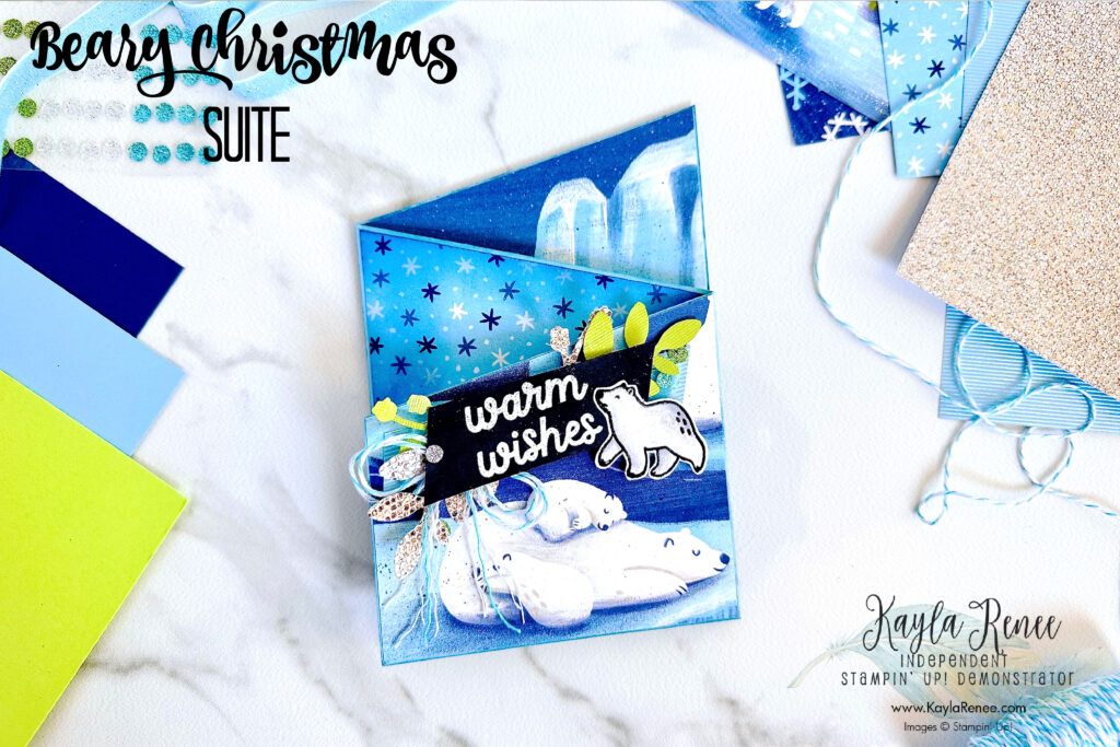 A diagonal z fold style card featuring the Stampin’ Up! Beary Christmas Suite for a fun fold style card showing off how to use your Designer Series Paper in a fun new way. Come see some tips for how to create this fun card including a free template for a diagonal Z fold.