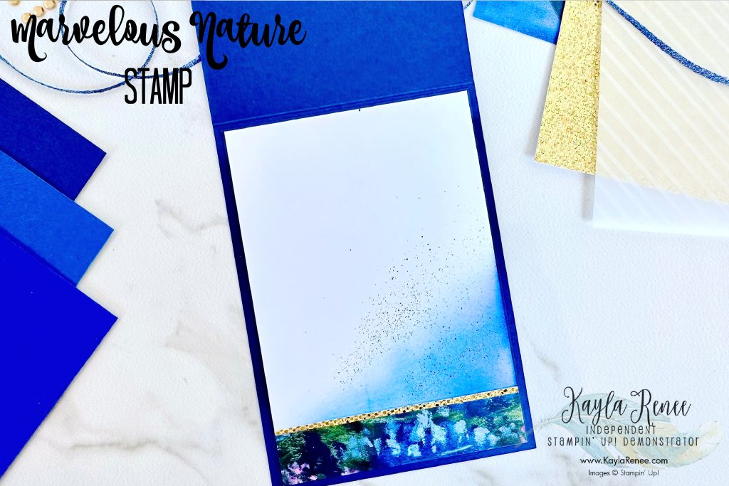 Look at the inside of a Handmade card using the Stampin’ Up! Marvelous Nature Stamp using an Ombre Stamping Technique using three tones of blue ink on one stamp.