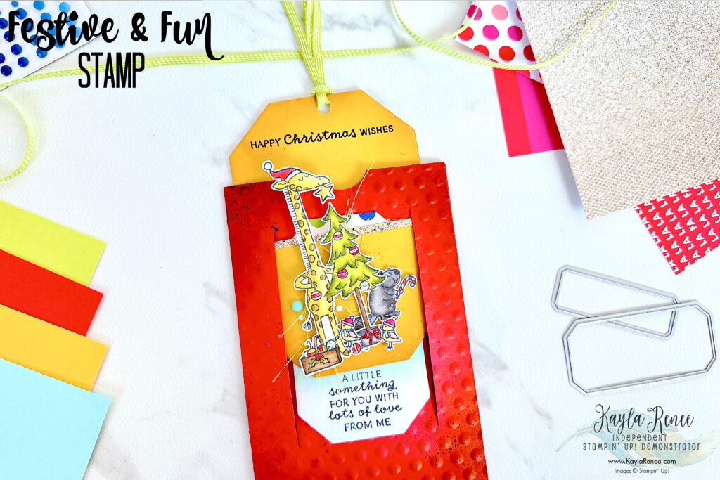 A fun card featuring a pull out slider card design and the Stampin’ Up! Festive & Fun Stamp Set coloured with Stampin' Blends to create a super fun interactive card. This picture shows the magic of the pull out slider card at work with the slider pull mechanism at work, pulled out to reveal a sentiment both at the top and on the inside of the card.