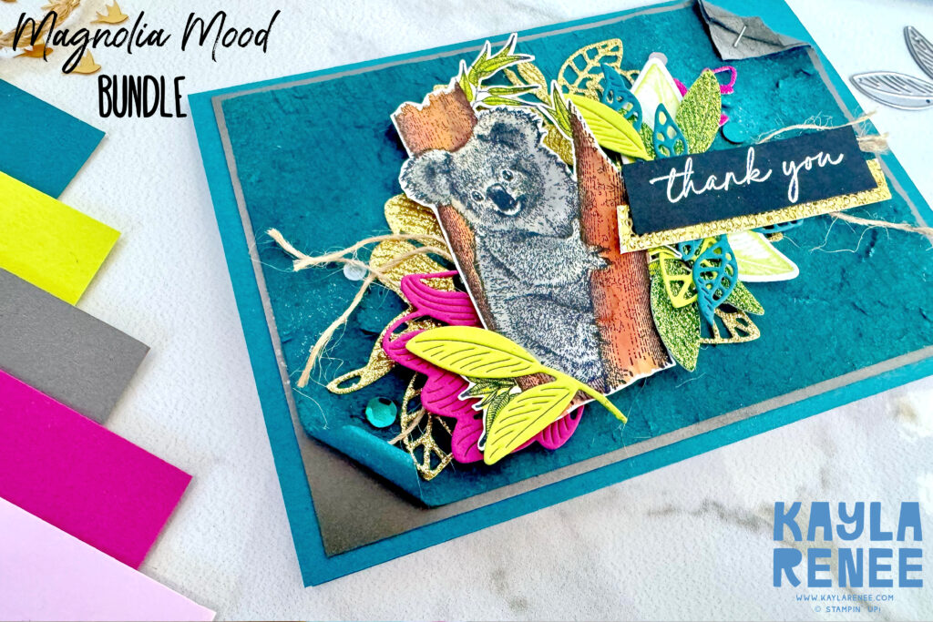 Stampin’ Up! Pop Up Slider Card featuring the Magnolia Mood Bundle and Wild and Sweet Stamp Set where I have featured some StazOn Watercolour Techniques to colour the koala. This picture shows the card front up close to see some of the detail.