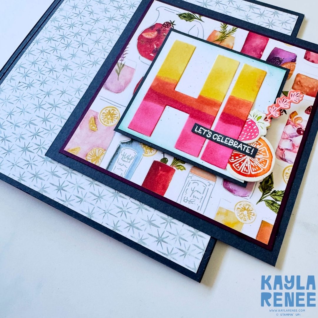 Open angled view of the slide-out card showing both the drink-themed panel on the left and the layered ‘HI Let’s Celebrate!’ section on the right, framed with patterned paper for a coordinated look.