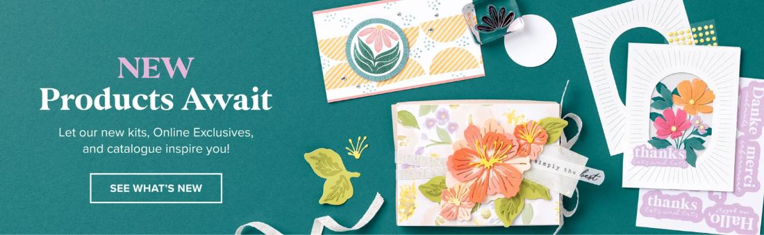 Stampin’ Up! New Products Await banner featuring handmade floral cards, layered die-cut flowers, embossing folders, stamps, and embellishments arranged on a teal background with the text ‘New Products Await’ and a call to action to see what’s new.