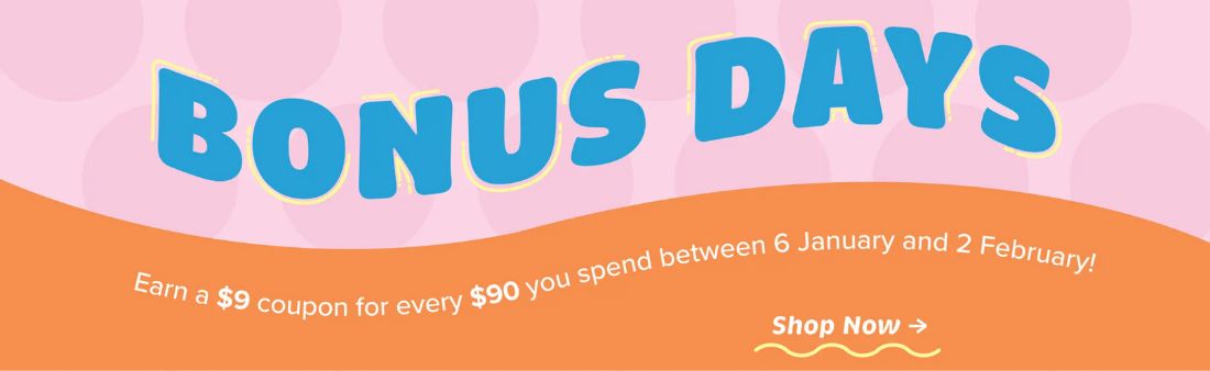 Stampin’ Up! Bonus Days promotion graphic with bold blue ‘Bonus Days’ text on a pink and orange background, highlighting the offer to earn a $9 coupon for every $90 spent between 6 January and 2 February, with a Shop Now call to action.
