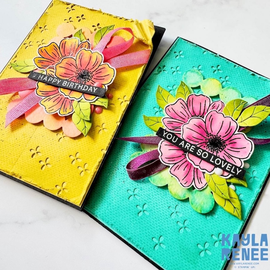 Angled close-up of layered floral die cuts and ribbon details on yellow and teal handmade cards created with Stampin’ Up! Lovely Arrangements Bundle.