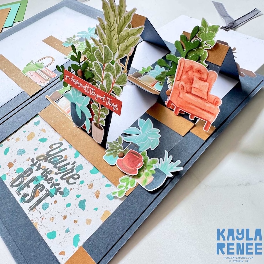 Fully opened slider card showing tall layered foliage popping up from the panels, with stamped background and a visible “You’re the Best” sentiment at the base.