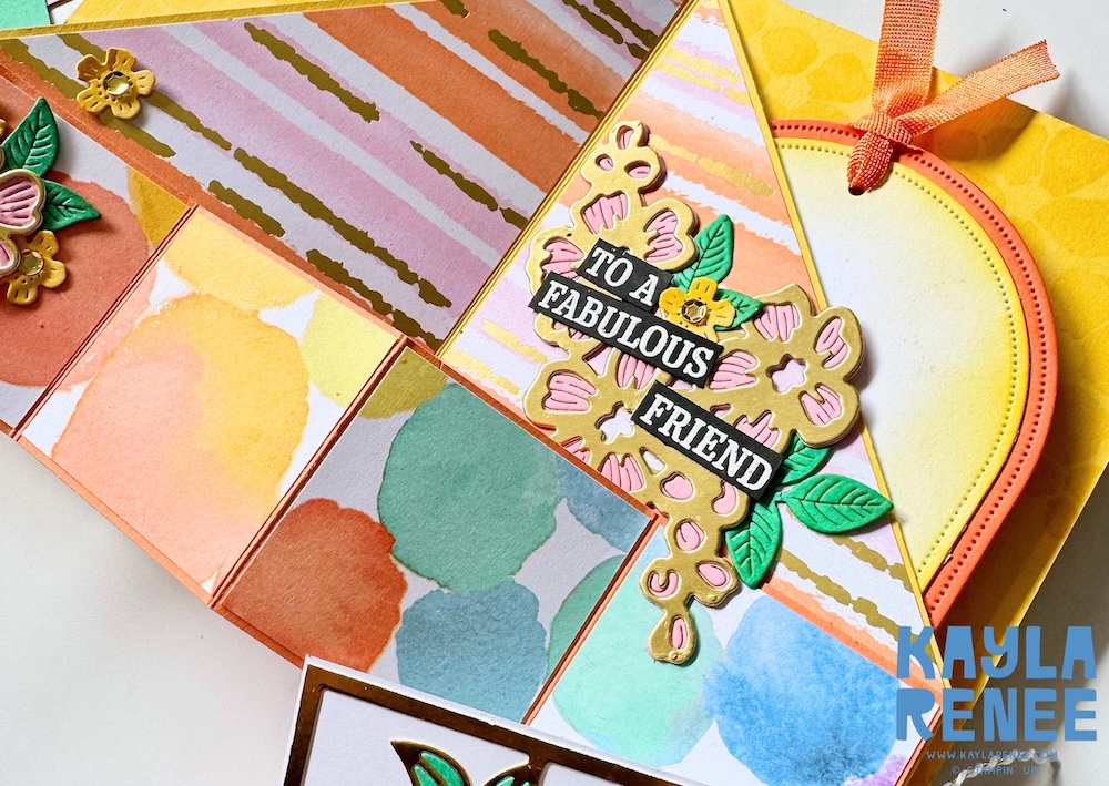 Close-up of a handmade pop out angled accordion card featuring the Stampin’ Up! Fragrant Layers bundle, with layered floral die cuts, gold accents and soft pastel patterned paper panels.