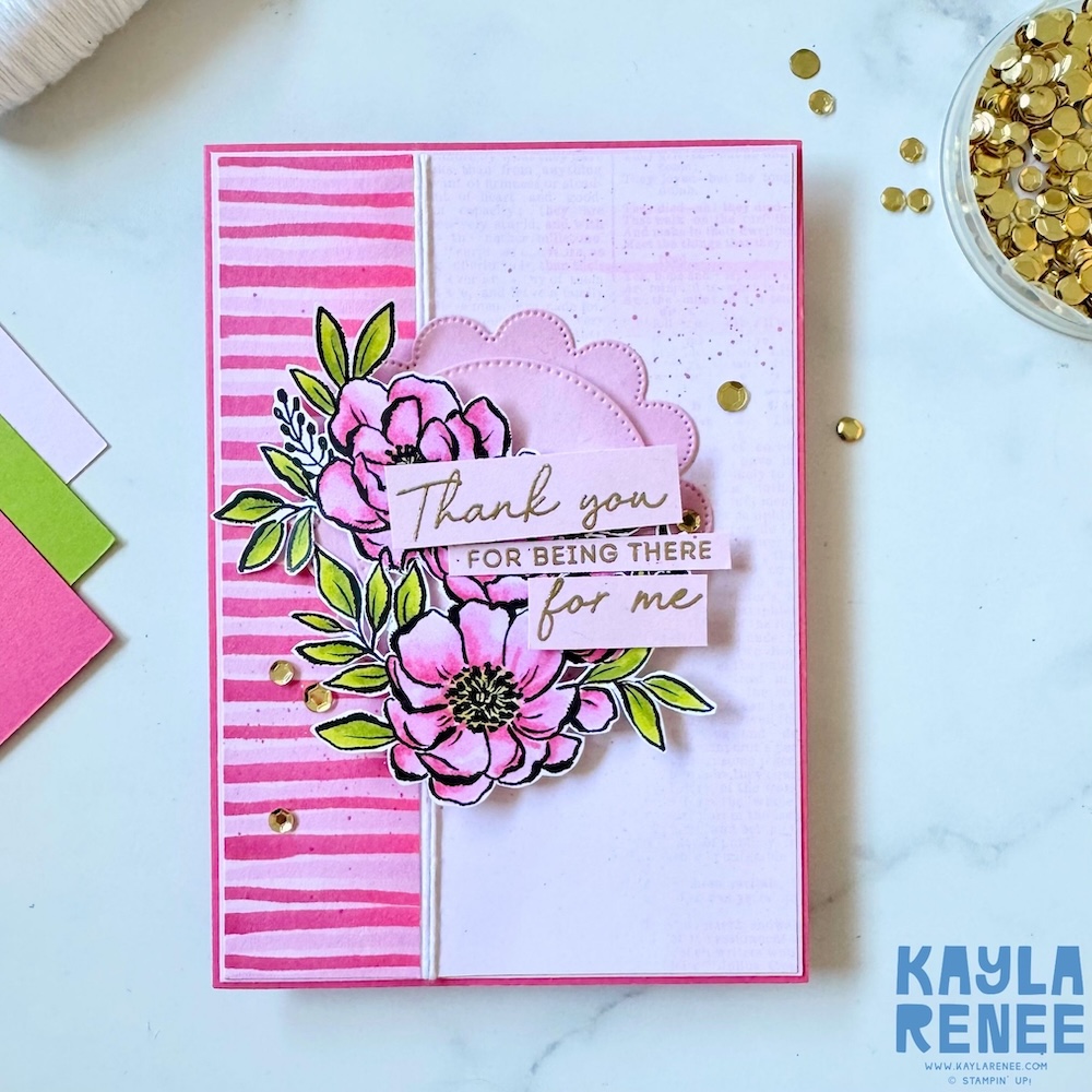 Handmade Stampin’ Up! Artisan Sketched Gardens Designer Series Paper card with a pink striped panel, layered floral focal point using the Scalloped Blooms bundle, gold embellishments, and a soft pink sentiment across the centre.
