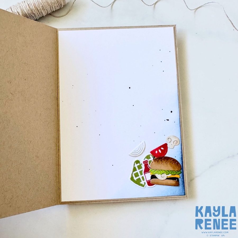 Inside of handmade birthday card with clean white writing panel and small stamped BBQ-themed elements in the corner, coordinating with the Stampin’ Up! BBQ Master bundle design on the front.