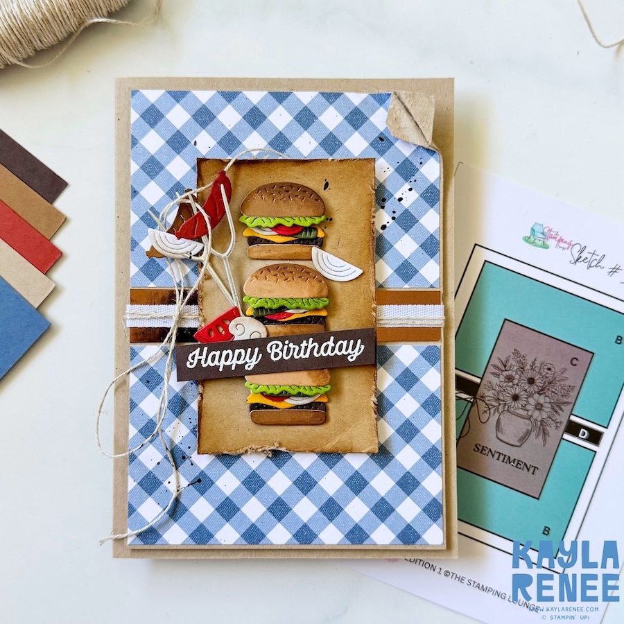 Handmade masculine birthday card using Stampin’ Up! BBQ Master bundle and Homemade Sweetness Designer Series Paper, featuring stacked burgers, BBQ-themed embellishments, and a “Happy Birthday” sentiment, inspired by The Stamping Lounge Sketch Box sketch #33.