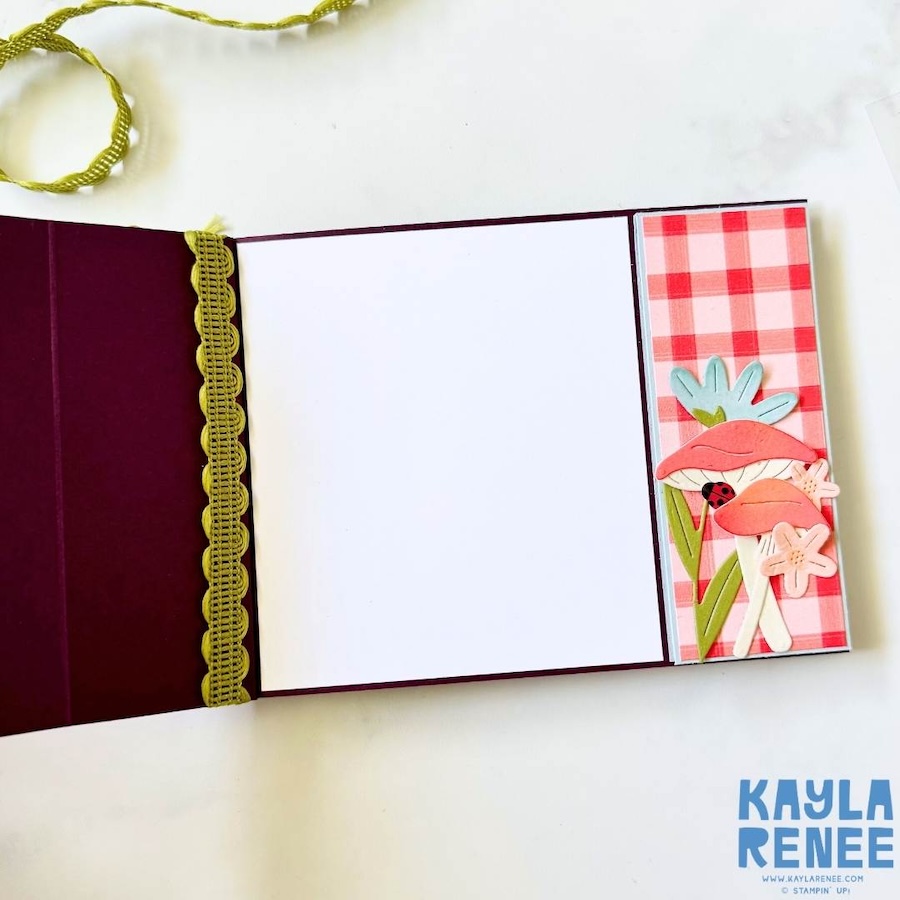 Inside of bay window fun fold card with large blank writing panel and decorative mushroom and floral elements on the side panel using Cute as a Bug suite.