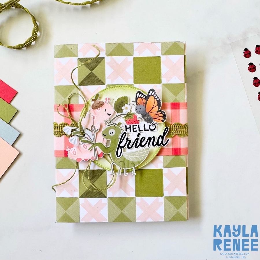 Front view of handmade mini album card using Stampin’ Up! Cute as a Bug suite with green and pink patterned paper, ribbon detail, twine, and layered bug-themed embellishments with “Hello friend” sentiment.