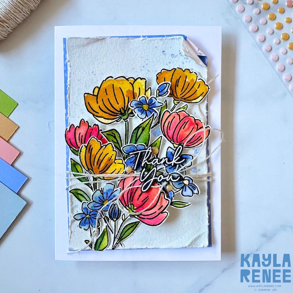 Handmade thank you card featuring watercoloured florals in Stampin’ Up! 2026–2028 In Colours, layered over textured paper with twine detail and “Thank You” sentiment.