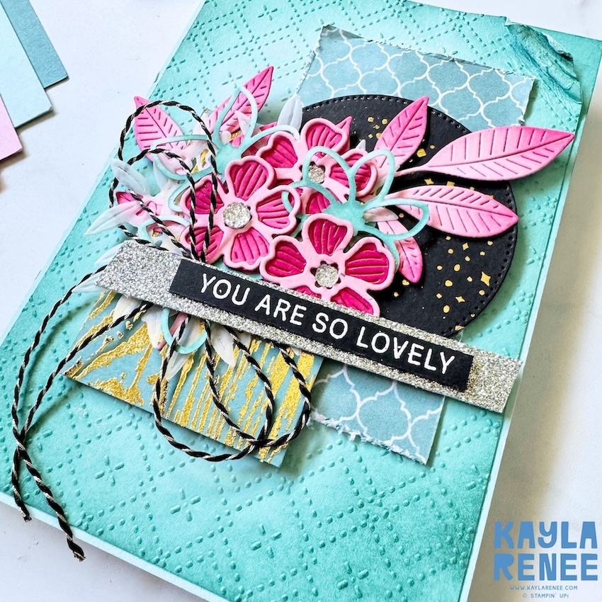 Angled detail of the card highlighting dimensional layers from the Stampin’ Up! Fragrant Layers and Nature’s Symphony bundles, including intricate die-cut foliage, metallic accents, and mixed textures.