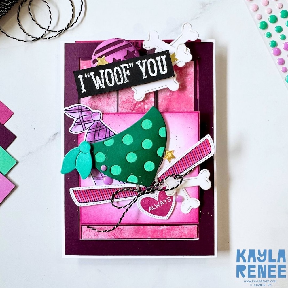 Handmade multi-panel slider card featuring the Stampin’ Up! Pet Love bundle, with a pink background, layered dog design, bones, and “I ‘woof’ you” sentiment on the front.