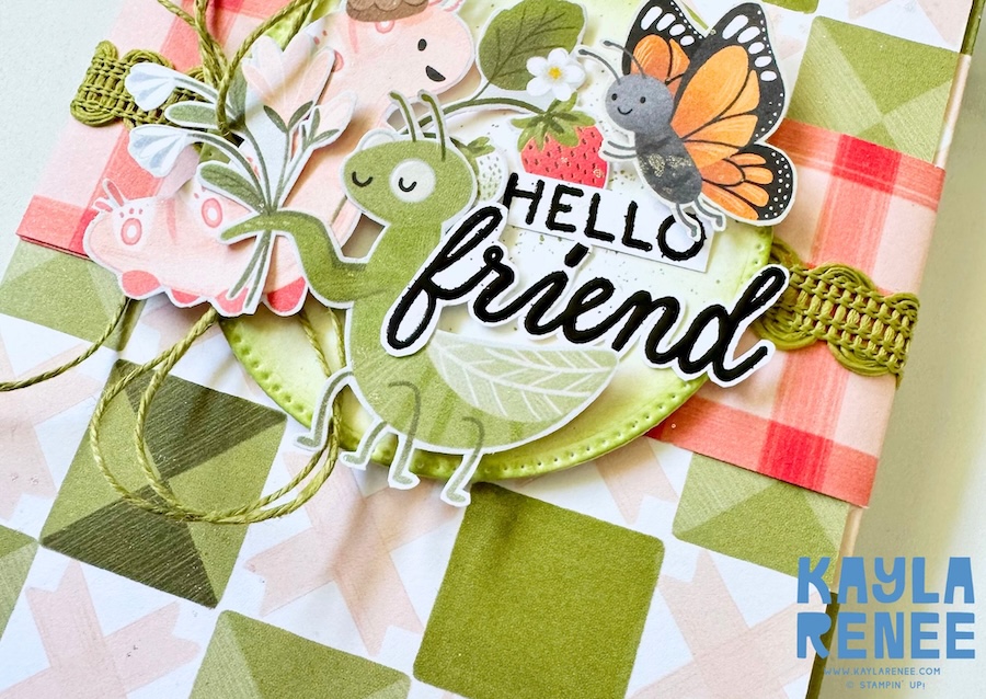 Close-up of handmade mini album card featuring Stampin’ Up! Cute as a Bug suite with layered die cuts including a green insect, butterfly, flowers, and “Hello friend” sentiment on a stitched circle over plaid paper.