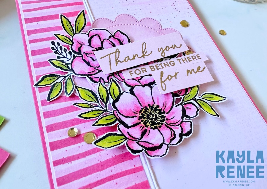 Close-up of a handmade Stampin’ Up! Artisan Sketched Gardens Designer Series Paper card featuring pink watercoloured stripes, layered floral images from the Scalloped Blooms bundle, and a soft pink sentiment reading “Thank you for being there for me.”