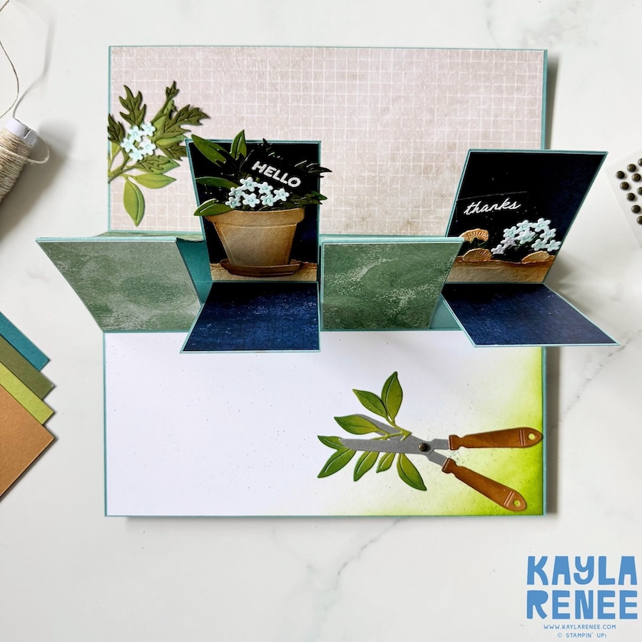 Fully opened handmade alternating pop-up panel fun fold card using the Stampin’ Up! Nature Walk Designer Series Paper, showcasing dimensional pop-up sections, gardening imagery, layered textures, leafy die cuts, and stamped garden tools.