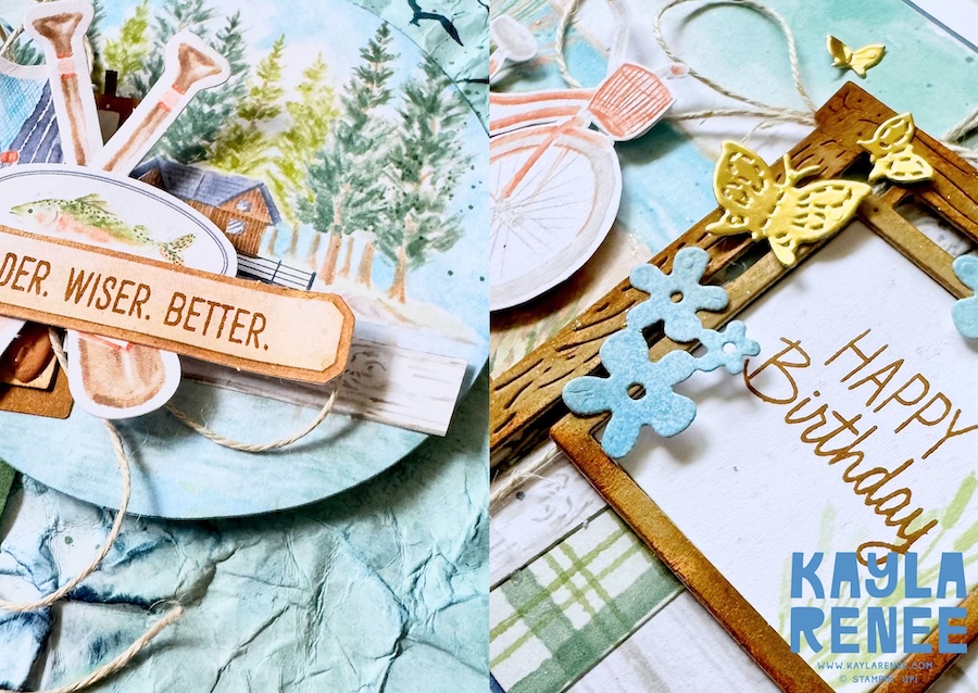 Close-up collage of two handmade alternative cards created with the Stampin’ Up! Lakeside Retreat Paper Pumpkin Kit, featuring rustic outdoor elements including a fishing scene, paddles, bicycle, woodgrain frame, butterflies, and soft lakeside colours.