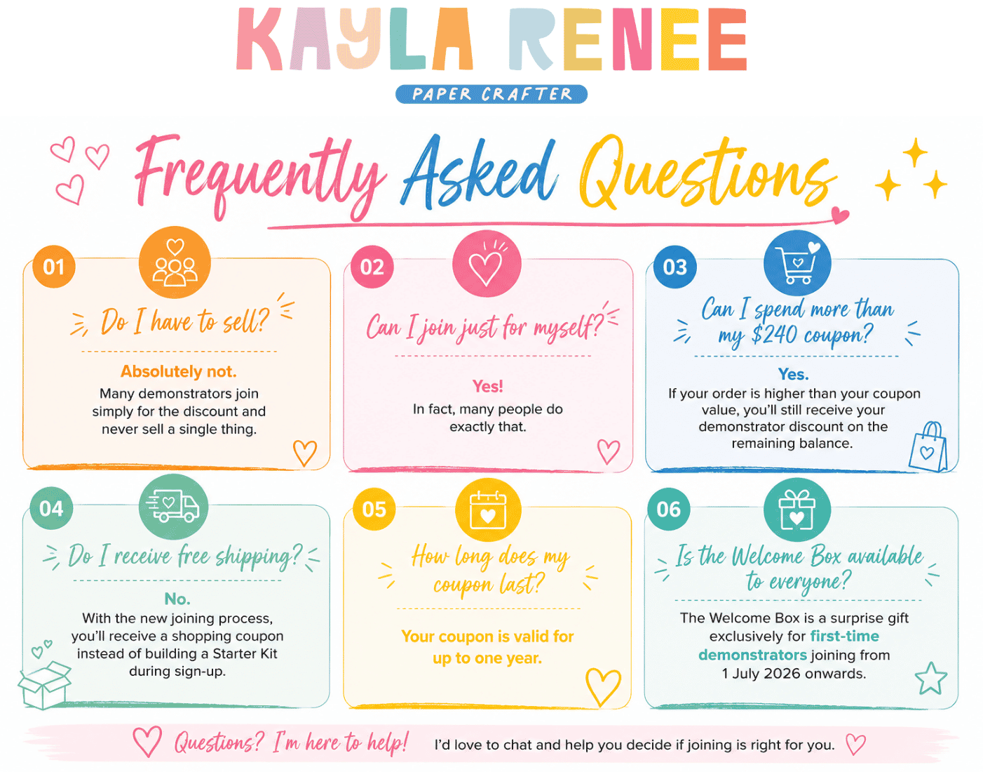 Frequently asked questions about the Stampin' Up! joining offer covering demonstrator discounts, the $240 shopping coupon, Welcome Box, free shipping, joining as a hobby demonstrator and becoming part of the Golden Scissor Craft Club.