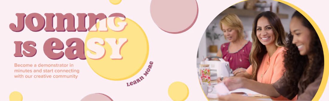 Join Stampin’ Up! website banner encouraging new demonstrators to join the Stampin’ Up! community. Promotional graphic highlighting how easy it is to become a demonstrator, enjoy exclusive crafting benefits, connect with fellow papercrafters, and start a creative journey with Stampin’ Up!.