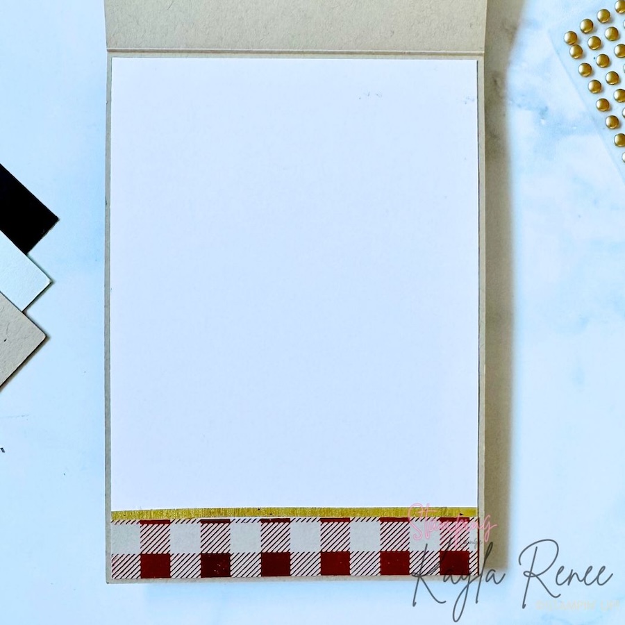 Inside of a handmade birthday card showing a blank white writing panel with a strip of coordinating Stampin’ Up! Two-Tone Cardstock along the bottom and a narrow gold foil accent.