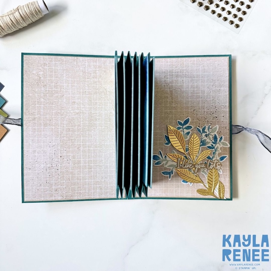 Pop-up expanding pocket card opened to show multiple pull-out cards, each with a blank writing area and coordinating botanical decoration from the Stampin’ Up! Nature Walk Suite.