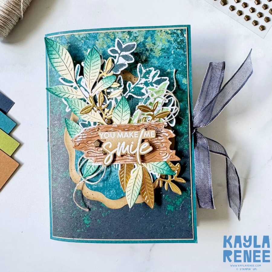 Handmade pop-up expanding pocket card featuring the Stampin’ Up! Nature Walk Suite, with six pull-out cards for writing messages, an expanding accordion pocket, layered botanical elements, gold foliage and coordinating patterned paper.