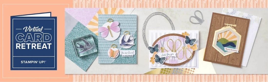 Virtual Card Retreat by Stampin’ Up! featuring some fun exclusive products and a 15 card virtual retreat teaching tips, ideas and techniques.