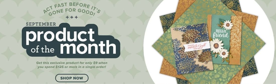 Brand new Stampin’ Up! September 2026 product of the month available for just $9 when your order reaches $125 or more featuring a beautiful pack of foiled specialty Designer Series Paper