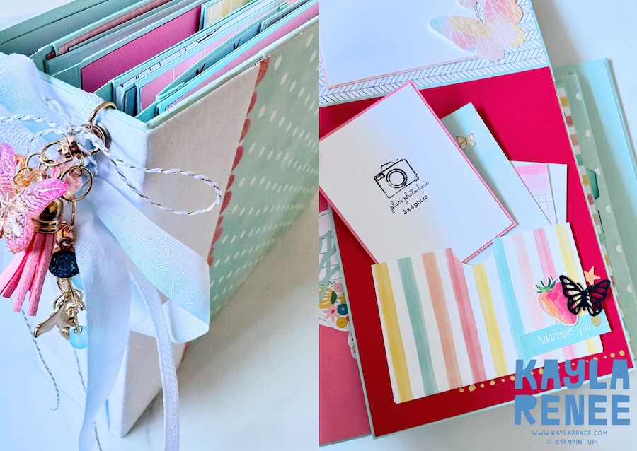 Handmade Stampin’ Up! mini album featuring the Beautiful Ordinary Life Suite Collection and scrapbooking workshop kit, with interactive photo mats, pockets, journaling pages, colourful butterflies, pastel patterned paper and layered scrapbook embellishments.